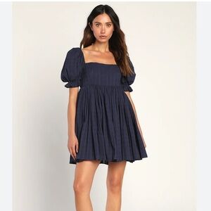 Lulus A Day in Paris Navy Blue Square Neck Puff Sleeve Babydoll Dress XS